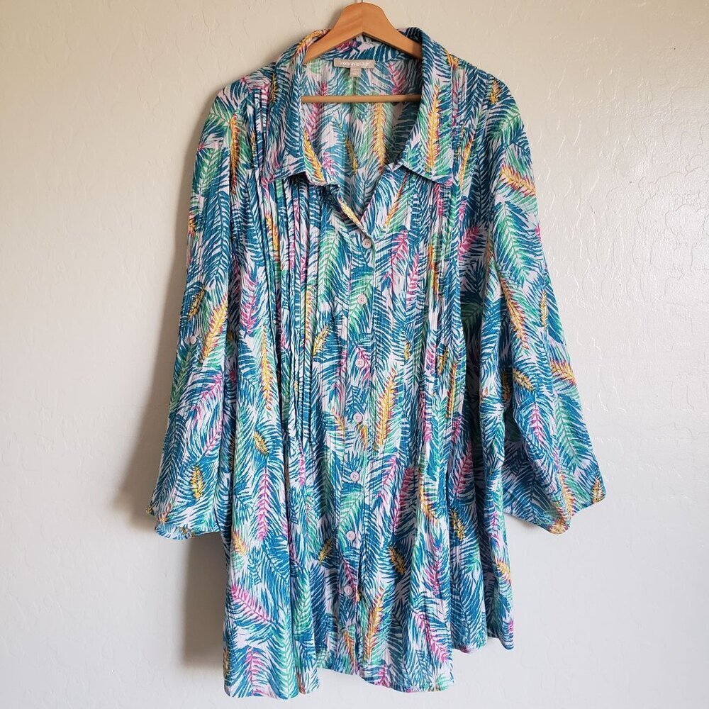 Woman Within Gauzy Pintuck Tropical Button Up Tunic Blue Sz 4X Roll Tab Vacation